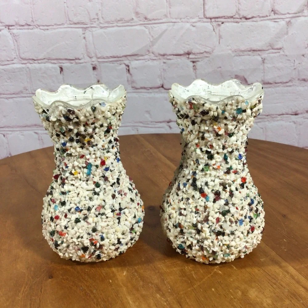 Vintage Colorful Crushed Stone Glass Scalloped Edge Vase Pair
